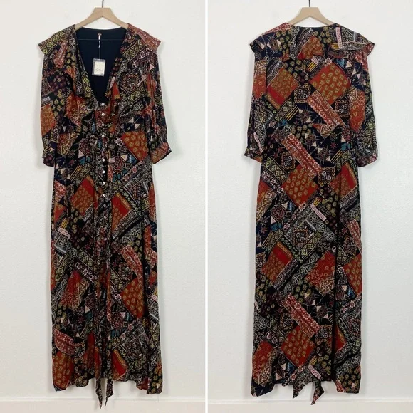 NWT Free People Lennon Patchwork Printed Ruffle Collar Boho Maxi Dress Size XL